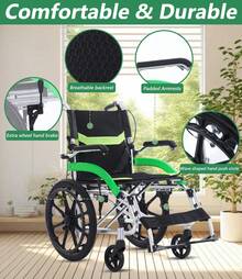 Ultra Lightweight Transport Wheelchair For Adults Comfortable Folding Wheelchair For Seniors Self-Propelled Wheelchair With Swing-Away Footrests And Flip-Back Arms - màu xanh lá - Xem 3