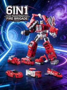 1Set 6-In-1 Alloy Fire & Engineering Transforming Team For Kids Aged 6+ - /Fire/Excavator/Spray Truck Combined Rescue Robot, Realistic Collectible Premium Gift Box Toy For Boys - Cool Transforming Toy - View 5
