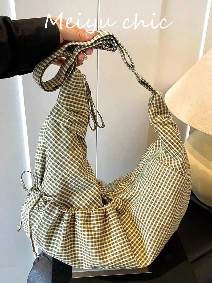 This Stylish New Japanese-Style Plaid Shoulder Bag Features A Chic Pleated Bow Zipper Design, Is Lightweight And Foldable, And Is Suitable For Students, Shopping, And Commuting. - Green - View 1