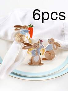 3/6 件刺绣兔子复活节餐巾环套装，适用于复活节餐桌装饰餐巾架 - 彩色 - 查看 10