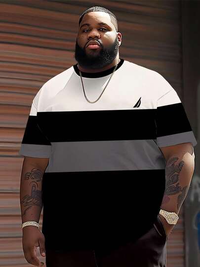 Plus Size Men Casual Sports Round Neck T-Shirt, Polyester Knit Fabric Comfortable Breathable, Versatile Daily Casual Sports Striped Print And Feather Graphic Novelty Tops