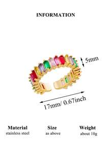 Anel ajustável de luxo em aço inoxidável com zircônias coloridas (1 peça), modelo arco-íris, banhado a ouro 18K e resistente ao desbotamento. Ideal para férias, casamentos, festas, uso diário, aniversários e outras ocasiões. - anel de aço inoxidável - Ver 5