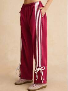 SAOYANGYU Quần thể thao nữ thường ngày kẻ sọc phối màu, cạp chun, có dây rút - Màu Hồng Tươi - Xem 4