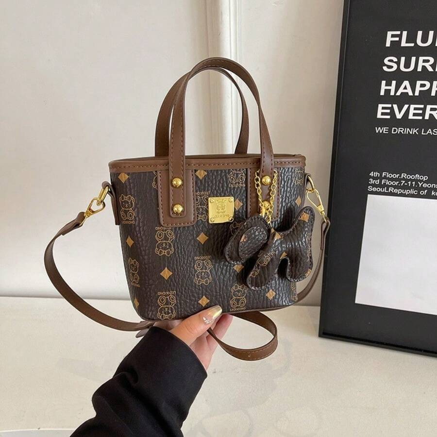 Bolso de hombro para mujer 2023  moda bandolera cruzada bolso de cubo estampado versátil bolso de mano nuevo - Marrón con colgante - Ver 1