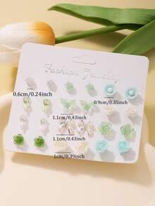 12 pares de pendientes surtidos elegantes y lindos, incluye diseños de moño, flor y resina, pendientes de botón no duplicados para mujeres - Multicolor - Ver 5