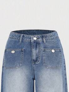 Classic Washed Blue Casual Zip-Up Women's Jeans NZ127 - Medium Wash - View 4