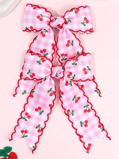 2pcs Cherry Pattern Hair Bows For Women Red Cherry Printed Grosgrian Ribbon Bow For Spring Daily,Vacation,School,Hair Clips Pink Plaid Bow Hair Clips Cute Cherry Check Bow Hairpins Summer Day Gifts Bow Barrettes Hair Accessories