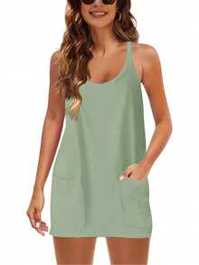 Women's Mini Dress With Built-In Shorts Sleeveless Athletic Tennis Dress Summer Workout Swing Dress - 豆綠色 - 查看 6