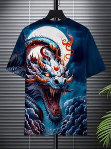 Men'S 3D Dragon Print T-Shirt - Vibrant Blue & Orange Digital Print, Casual & Stylish Fit, Comfortable Short Sleeve For Summer Outdoor Activities, Casual Summer Wear |   Vibrant Dragon Print |   Comfortable Fit - Màu hỗn hợp - Xem 5