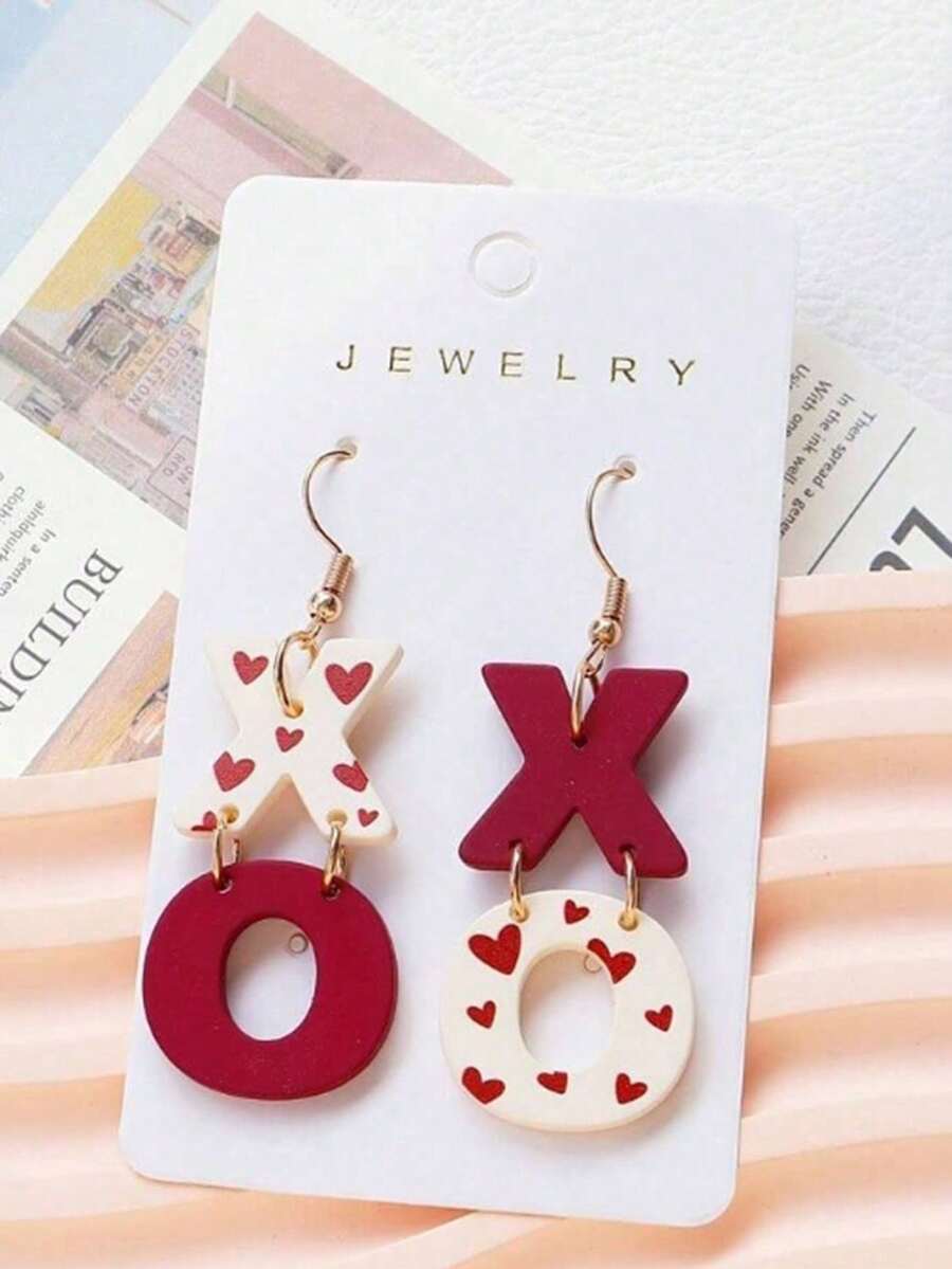 1 Pair Of Heart-Shaped XO Acrylic Earrings, Exquisite Valentine's Day Gift(Without Card) - Multicolor - View 1
