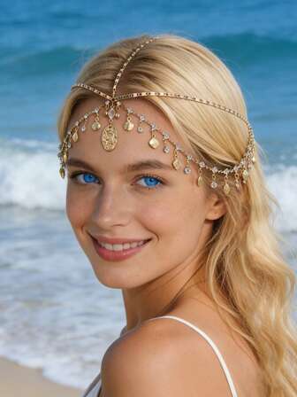 Fashionally Simple Scallop Alloy Metal Chain With Fringes And Crystal Geometric Round Pendant Necklace, Suitable For Women To Wear. Can Be Given As A Party Gift (Handmade, Chain Length Can Be Customized, Crystal Quantities Vary), Head Accessories, Bride To Be, Hair Accessories For Women