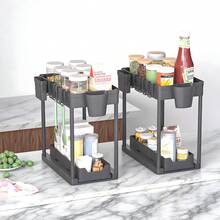 2-Piece Sink Under-Sink Storage Rack, Two-Tier Kitchen Cabinet Storage Rack, Double-Layer Sliding Cabinet Basket Storage Drawer, Multi-Functional Bathroom Collection Basket In Black, Suitable For Bathroom And Kitchen Countertop Under-Sink Storage Rack, Equipped With 10 Hooks And 4 Baskets. - 黑色1件 - 查看 1