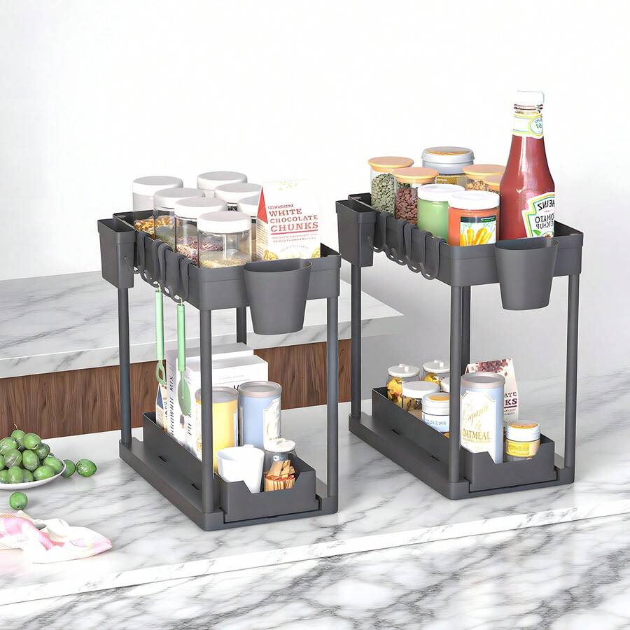 2-Piece Sink Under-Sink Storage Rack, Two-Tier Kitchen Cabinet Storage Rack, Double-Layer Sliding Cabinet Basket Storage Drawer, Multi-Functional Bathroom Collection Basket In Black, Suitable For Bathroom And Kitchen Countertop Under-Sink Storage Rack, Equipped With 10 Hooks And 4 Baskets. - 黑色1件 - 查看 1