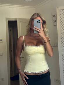 Women's Lace Sleeveless Slim Fit Fitted Tank Top With Thin Straps And Lace Trim Detail Perfect For Going Out Party Tops And Casual Summer Wear - Yellow - View 5