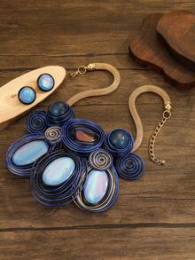 Exaggerated Multi-Layer Handmade Heavy Aluminum Wire Woven Resin Chain Bohemian European And American Middle Eastern European Korean Version Evening Party Holiday Women's Fashion Beautiful Retro Teardrop Necklace Earrings - Royal Blue - View 5