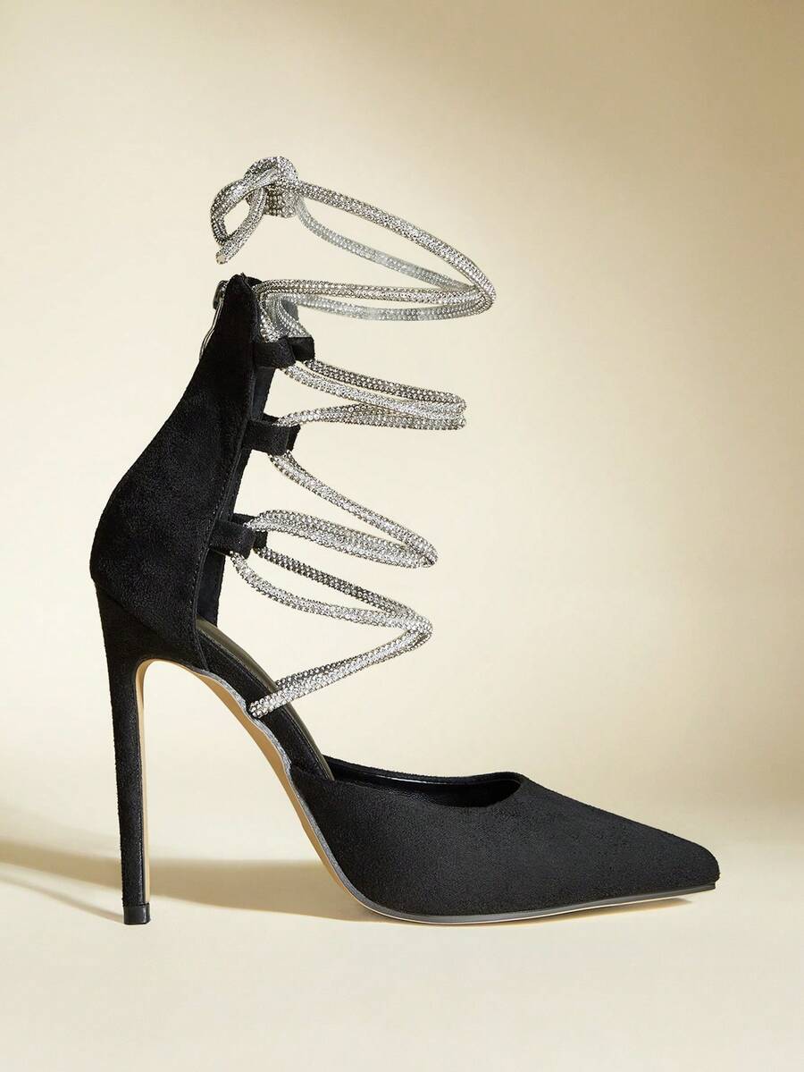 女士性感时尚黑色天鹅绒绑带链条尖头细高跟镂空休闲鞋，4.7英寸，春秋季，优雅，派对装 - 黑色 - 查看 1