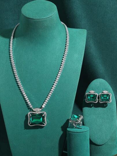 复古做旧铜镀18K金新娘首饰套装，包含奢华的祖母绿方形玻璃立方氧化锆水滴吊坠项链和耳环
