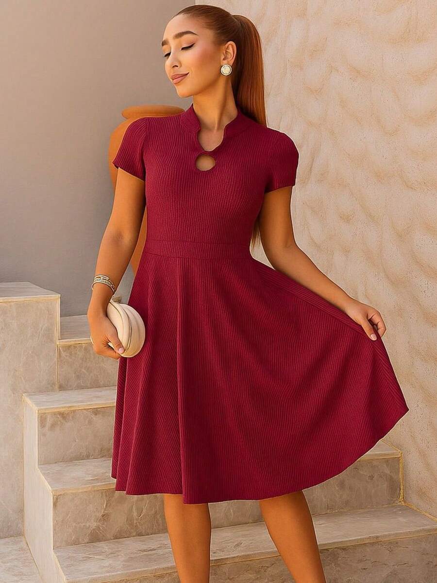 Dress With Round Sleeve Gode Women's Loose Doll Dress - Elegant Evangelical Fashion Printed Chain Mesh None Dress Evangelical Fashion Daily Night Elegant And Casual Travel Night All - 紅木色 - 查看 1