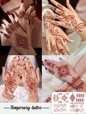 1/4pcs Valentine's Day/Ramadan Henna Temporary Tattoo Sticker, Red Lace Vine Flowers, Flower Spinning Top Henna Pattern, Fashionable Hand Nail Art Fake Tattoo, Plant Fake Tattoo - Temporary Tattoo - Popular And Suitable For Birthdays, Weddings, Party Decorations, Lasts 3-5 Days.