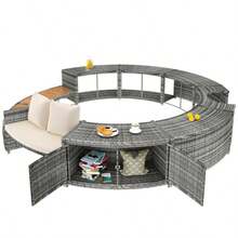 Garden Lounge Set With Round Sofa, Garden Furniture Set, Lounge Set, For Hot Tub And Pool, With Adjustable Feet, Including Cushions, Furniture For Terrace, Garden Or Pool Area (Previous Sku: HW00004AAA) - 灰色 - 查看 1
