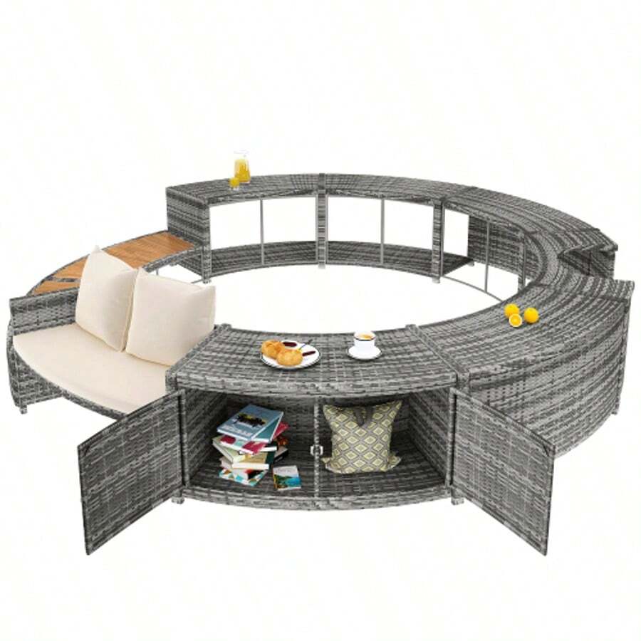 Garden Lounge Set With Round Sofa, Garden Furniture Set, Lounge Set, For Hot Tub And Pool, With Adjustable Feet, Including Cushions, Furniture For Terrace, Garden Or Pool Area (Previous Sku: HW00004AAA) - 灰色 - 查看 1