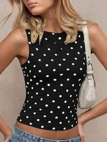 Women's Polka Dot Sleeveless Casual Tank Top, Sexy & Fashionable, Suitable For Street Style, Party, Nightclub Black Vacation - Black - View 4