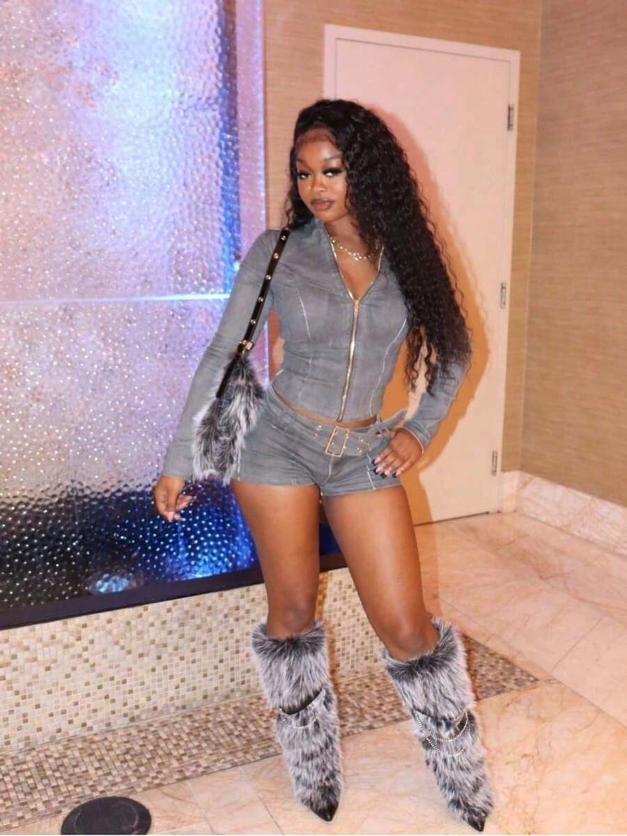 Denim Two-Piece Long-Sleeve Zip-Up Belted Bodycon Shorts Set Spring Summer Valentine's Day Outfit Trajes Elegantes De Mujer Spring Break Outfits - màu xám đậm - Xem 1