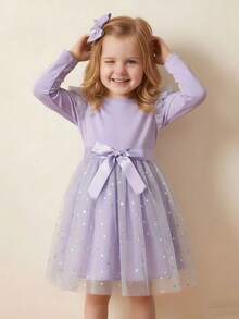 Young Girl Spring/Autumn Star Mesh Contrast Princess Dress With Flutter Sleeves - Purple - View 8