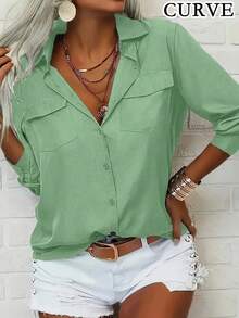 大码女式纯色翻领领带长袖衬衫，春季 - 薄荷綠 - 查看 2