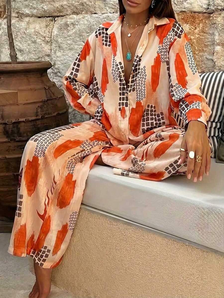2pcs Women's Vacation Orange & Beige Geometric Print Oversized Shirt Top Wide Leg Pants - Màu Hồng  San hô - Xem 1