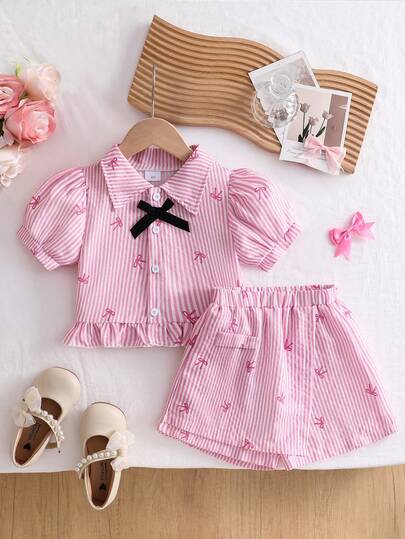 两件套少女休闲套装，蝴蝶结衬衫和短裙
