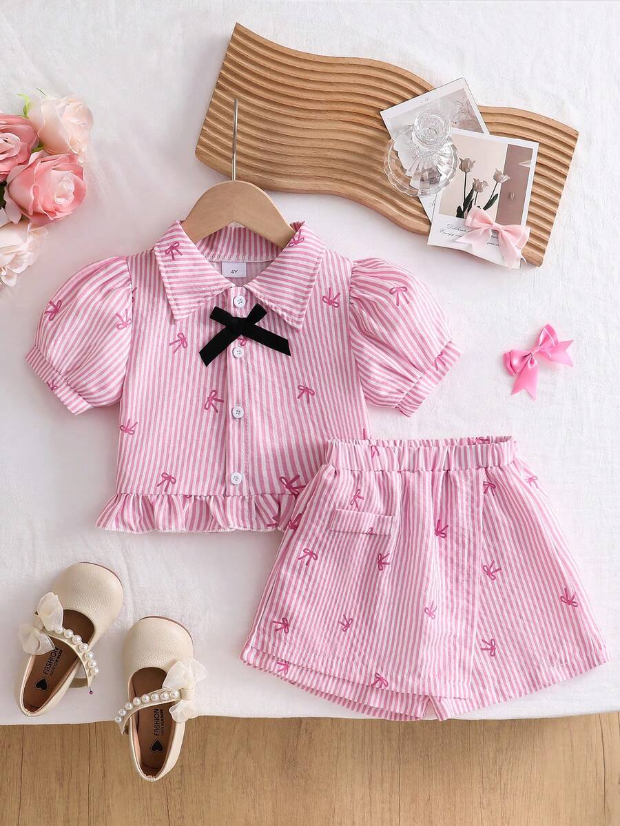Bộ quần áo thường ngày 2 món cho bé gái, áo sơ mi thắt nơ và chân váy quần short. - Hồng - Xem 1