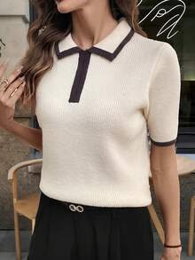 Women's Elastic Short Sleeve Knit Polo Shirt, Ribbed Knit, Regular Length, Spring/Summer - Apricot - View 5