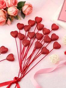 6支/20支心形人造花，情人节人造花卉，闪亮爱心，非常适合客厅、卧室、公寓和酒店装饰，餐桌中心装饰，适合婚礼、约会、情人节、周年纪念日、订婚、母亲节派对礼物。 - 彩色 - 查看 5