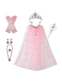 Ice & Snow Themed Party Costume Set Includes: 1 Star Cape, 1 Heart Magic Wand, 1 Rhinestone Crown, 1 Necklace, 1 Pair Of Earrings, 1 Ring, Suitable For Theme Parties, Birthdays (Multiple Colors) - Multicolor - View 7