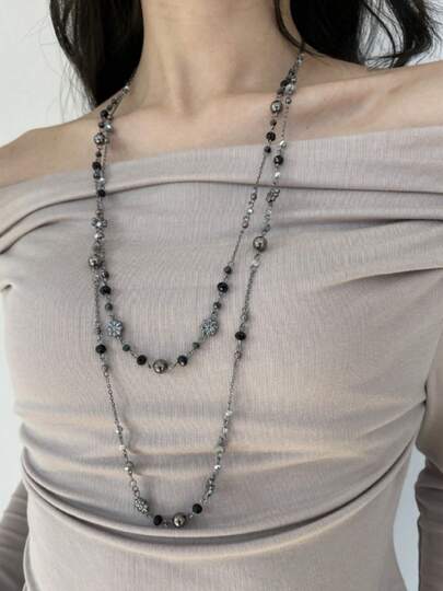 1件花卉水晶球串珠项链，时尚多色金属多层项链，适合女性佩戴，可用于派对、宴会、舞会和日常穿搭配饰