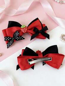2pcs Cute Strawberry Bow Hair Clips, Elegant Lolita Style Hair Accessories For Girls