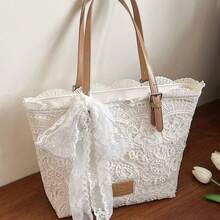 蕾丝小众设计清新文艺风手提包，饰有蝴蝶结，时尚简约休闲，大容量且极具吸引力，可作女士单肩包、优雅女士腋下包使用，适合度假、海滩、通勤、日常搭配拍照送礼 - 白色 - 查看 2