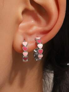 1 Pair Heart Pattern Splice Hoop Earrings, Fashionable For Women, Suitable For Daily Casual, Valentine's Day, Vacation, Festivals, Women's Gift, Women's Jewelry, Best Friend Gift - Multicolor - View 2