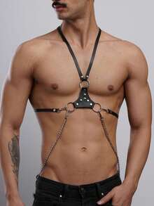 Correa de pecho de estilo gótico retro punk de cuero sintético con cadena para hombres de moda, adecuada para uso diario, actuaciones en bares, fiestas y discotecas, que muestra estilo - Negro - Ver 6