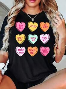Valentine Hearts Say Yes Xoxo Be Mine Best Day  Hug Me Miss You Text Me Sweet Talk Graphic T-Shirt For Women220g - 黑色 - 查看 2