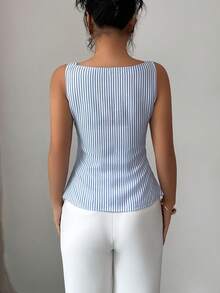 女士春夏新款蓝白条纹无袖修身单排扣休闲衬衫，优雅通勤及日常穿着，简约西部风吊带衫 - 藍色 - 查看 3