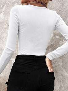 ChicMe Women's Fitted Ribbed Top With Rhinestone Decor, Long Sleeve Keyhole Teardrop Neck, Fashionable Layering Shirt, Suitable For Party And Nightclub Wear Casual Spring White - White - View 2