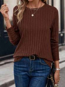 Ribbed Crew Neck-Shirt Elegant Long Sleeve Top Spring Autumn Two Seasons Autumn Winter Knitted Ribbed Base Shirt Solid Color Crew Neck Elastic Ribbed Long Sleeve-Shirt - Nâu đậm - Xem 6