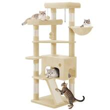 HaluPeit Cat Tree, 153 Cm, Spacious And Stable, With 6 Scratching Posts, 1 Comfortable Large Cat House, 3 Large Platforms, Cat Basket, Pom-Poms, Scratching Board, Beige - Beige - View 7