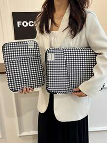 11"/13" Minimalist Plaid Zipper Laptop/Tablet Sleeve, Women's Work & Study Dual-Use. Fuzzy Plaid Bag, Checkered Pattern, Laptop Bag, Laptop Case, Laptop Sleeve, Computer Bag, Minimalist Plaid Classroom Laptop Bag, Classroom Bag, Teacher's Organizer Bag, Classroom Organizer Bag. - Black - View 8