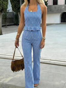 Bộ đồ đi biển mùa xuân/hè kiểu retro kẻ caro xanh trắng gồm áo hai dây hở lưng và quần dài dệt kim cài cúc, phong cách nghỉ dưỡng bãi biển, phù hợp cho nữ dáng người nhỏ nhắn. - Xanh và trắng - Xem 4