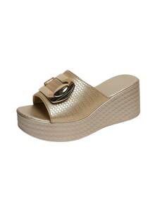 Sandálias Femininas De Verão Com Plataforma Grossa Dourada, Confortáveis E Elegantes. Design Com Fivela De Metal, Estilo Básico E Simples, Cabedal Texturizado, Versáteis Para Combinar Com Vestidos Ou Calças. Sandálias Casuais E Sofisticadas. - Ouro - Ver 7