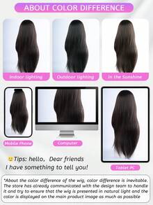 SHUDUO 1 件装黑色棕色合成耐热直发假发，采用纤维制成，适合日常佩戴，自然逼真（不含配件） - Dark Brown - 查看 11