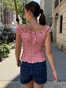 Women's Gingham Plaid Off Shoulder V Neck Short Sleeve Button Front Fitted Waist Peplum Top Ruffle Trim Crop Tops - Đỏ - Xem 4